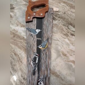 Hand-Painted Wooden Saw with Bird Motif - Yellow, Gray, Brown